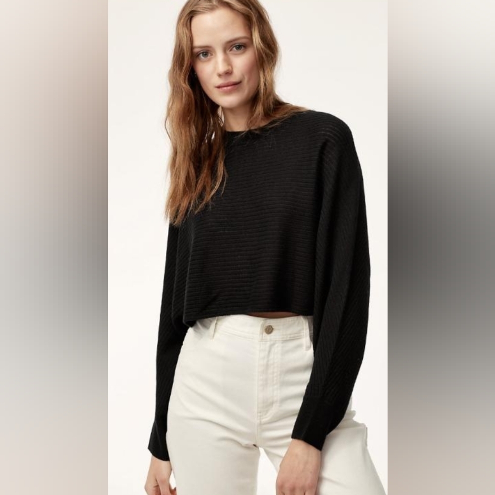 Wilfred Free Lolan Sweater Aritzia Black 100% Merino Wool Cropped Batwing Size S